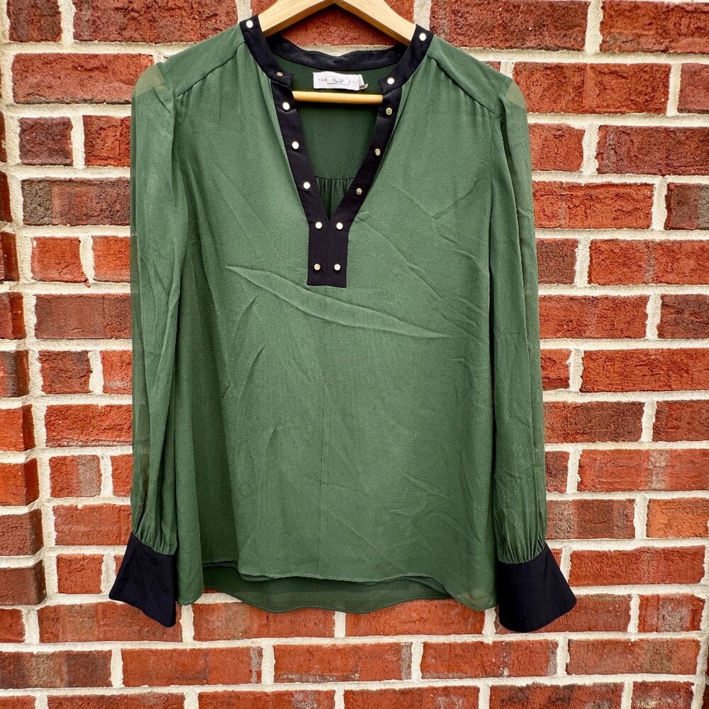 VTG Tory Burch Blouse Size 4 Sheer Green Silk Black Trim Gold Stud Detail
